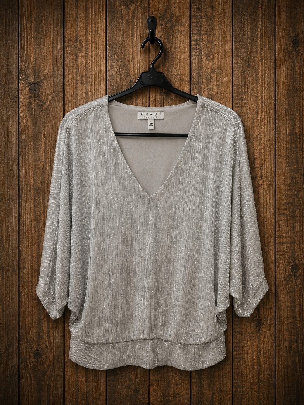 Chaus Silver Metallic V-Neck Draped Blouse Xl